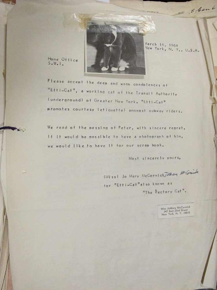 A condolence letter from Etti-Cat to Peter on his death