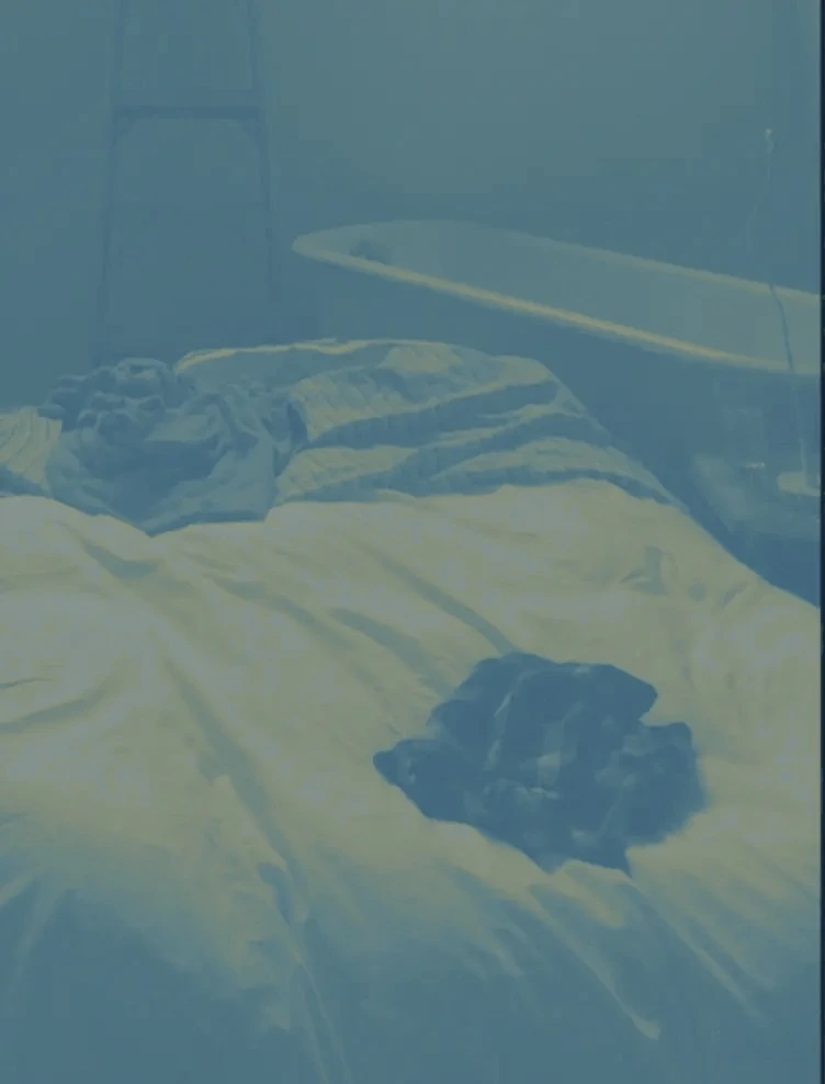 An unmade bed and bathtub seen from cat height