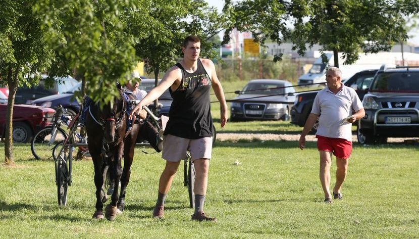 A younger Nikola Jokić walking beside a horse pulling a sulky on grass in Sombor